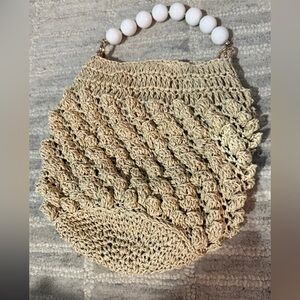 BTB Los Angeles Bag with White Beaded Handle Chic Tan Woven NWOT